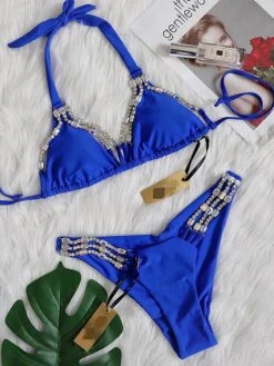 Designer Luxury Royal Blue W/ Rhinestone Triangle Top & Cheeky Bottom Set