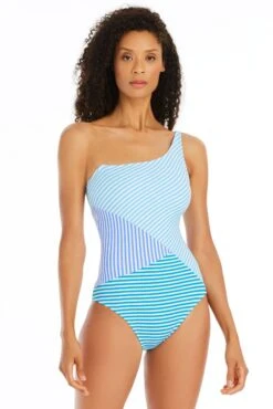 Stripe Tease One Shoulder One Piece Swimsuit