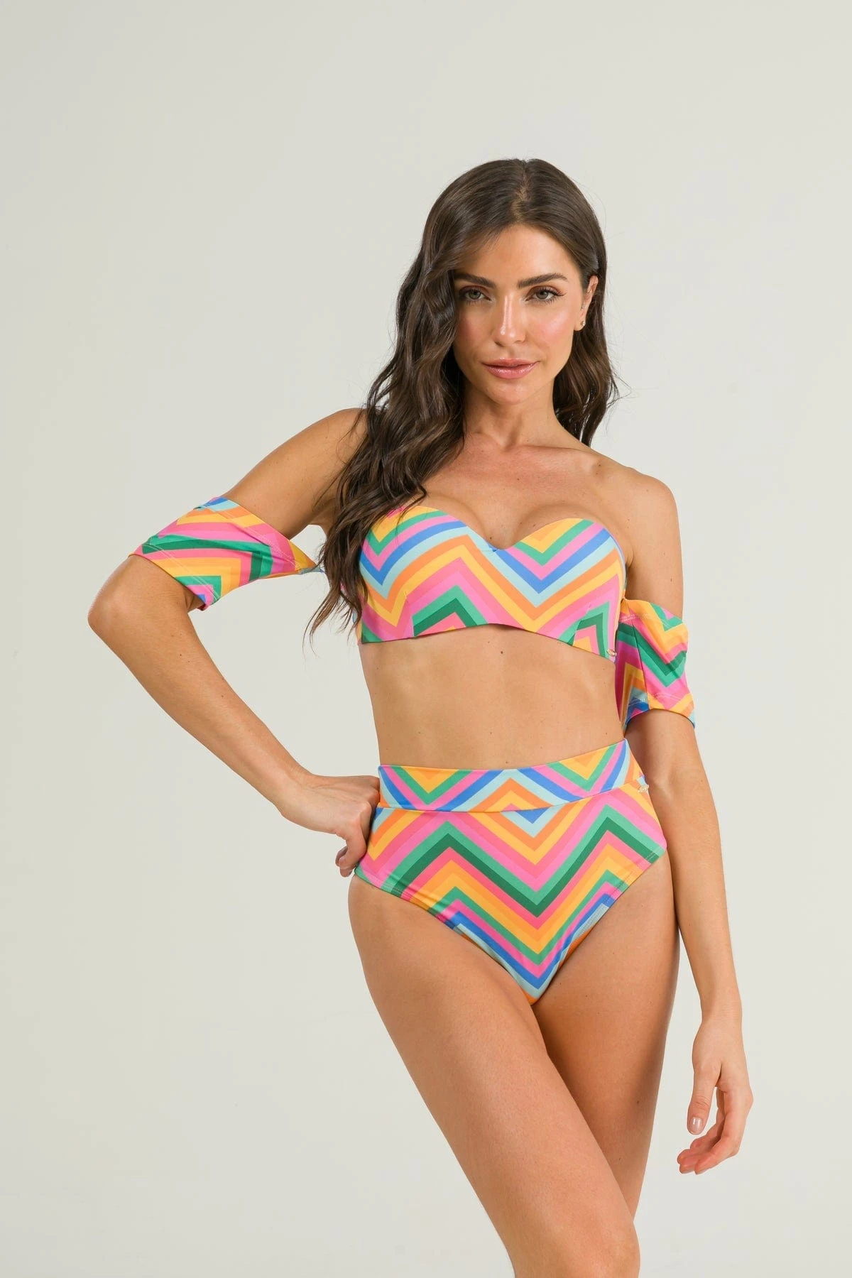 Búzios Vibes Print Carol Bandeau Top & Kate High Waisted Bottom Bikini Swimsuit Set 1 Búzios Vibes Print Carol Bandeau Top & Kate High Waisted Bottom Bikini Swimsuit Set