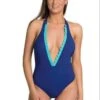 Blue W/ Aqua Trim Deep Plunge One Piece Swimsuit