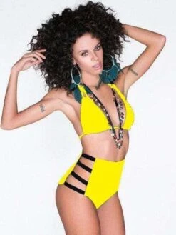 Lila Nikole Yellow W/ Black Strappy Triangle Top & High Waist Bottom Bikini Swimsuit