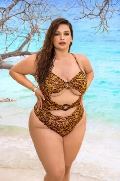 Animal Print Halter Front Cutout One Piece Swimsuit Plus Size