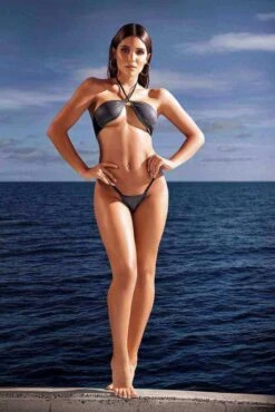 Gray Adjustable Strap Halter Top & Thong Bikini Set