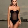 Black Sheer Front Underwire Padded W/ Lace-Up Back One Piece Swimsuit