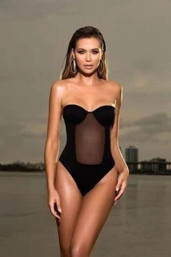 Black Sheer Front Underwire Padded W/ Lace-Up Back One Piece Swimsuit