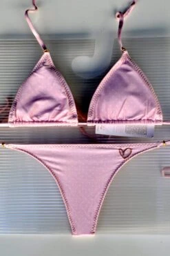 Liliana Montoya Swim Bikini Brasilerita Pink W/ White Polka Dot Print Triangle Top & Micro Thong Bottom