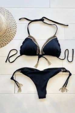 Sexy Black Beaded Triangle Top & Cheeky Tie Side Bikini -Fashionable Swimwear shyleeq apparel accessories clothing swimwear sexy black beaded triangle top cheeky tie side bikini 2022 sexy shyleeq swimwear black metallic beaded bikini 28545775337570