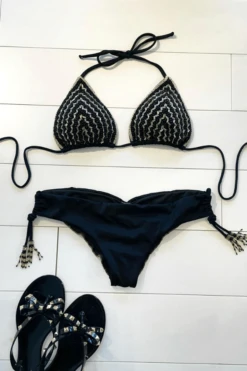 Sexy Black Fully Beaded Triangle Top & Cheeky Tie Side Bikini -Fashionable Swimwear shyleeq apparel accessories clothing swimwear sexy black fully beaded triangle top cheeky tie side bikini 2022 sexy shyleeq swimwear brown metallic beaded bikini 28545788248162