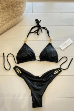 Sexy Black Metallic W/ Gold Chain Triangle Top & Cheeky Bottom Bikini -Fashionable Swimwear shyleeq apparel accessories clothing swimwear sexy black metallic chain triangle top cheeky chain bikini 2022 sexy shyleeq swimwear black metallic beaded bikini 28545810464866