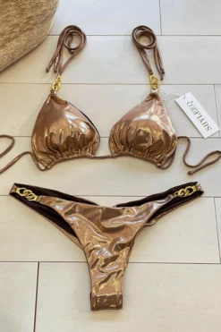 Sexy Gold Metallic W/ Gold Chain Triangle Top & Cheeky Bottom Bikini -Fashionable Swimwear shyleeq apparel accessories clothing swimwear sexy gold metallic w gold chain triangle top cheeky bottom bikini 2022 sexy shyleeq swimwear gold chain bikini 28545818525794