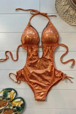 Sexy Orange Metallic Beaded Deep V-Neck Trikini -Fashionable Swimwear shyleeq apparel accessories clothing swimwear sexy orange metallic beaded deep v neck trikini 2022 sexy shyleeq swimwear brown metallic beaded bikini 28545777991778