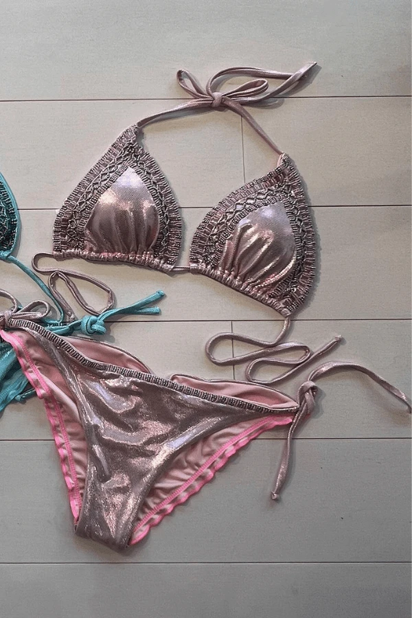 Sexy Pink Metallic Beaded Triangle Top & Cheeky Tie Side Bikini 2 Sexy Pink Metallic Beaded Triangle Top & Cheeky Tie Side Bikini - Image 2