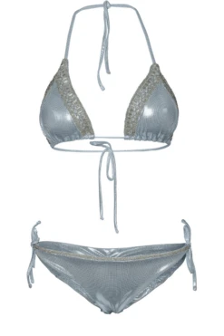 Sexy Silver Metallic Beaded Triangle Top & Cheeky Tie Side Bikini -Fashionable Swimwear shyleeq apparel accessories clothing swimwear sexy silver metallic beaded triangle top cheeky tie side bikini 2022 sexy shyleeq swimwear silver metallic beaded bikini 28545272840290